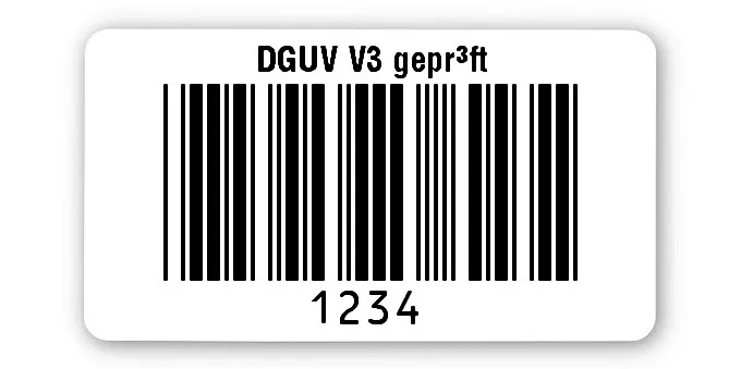 Prüfetiketten Material:Polyethylen-Folie hochglänzend weiß Größe:45x25mm Kopfzeile:"DGUV V3 geprüft" Barcode:Code 39 ohne Prüfziffer Stellenanzahl:4-stellig Ausführung:1 Etikette pro Nummer Menge:1000