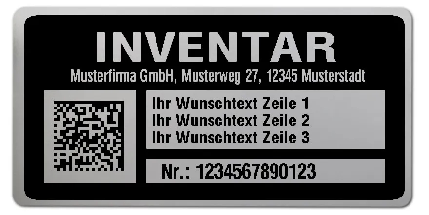 Inventaretiketten Material:Polyester-Folie Silberoptik matt Größe:68x34mm Kopfzeile:"Ihr Wunschtext" Barcode:DataMatrix Stellenanzahl:13-stellig Menge:1000