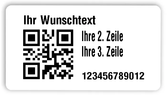 Universaletiketten Material:Folie hochglänzend weiß Größe:54x30mm Kopfzeile:"Ihr Wunschtext" Barcode:QR Stellenanzahl:12-stellig Ausführung:3 Etiketten pro Nummer Menge:300