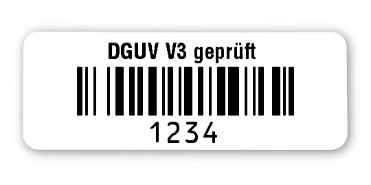 Prüfetiketten Material:Polyethylen-Folie hochglänzend weiß Größe:40x15mm Kopfzeile:"DGUV V3 geprüft" Barcode:128B Stellenanzahl:4-stellig Ausführung:1 Etikette pro Nummer Menge:1000