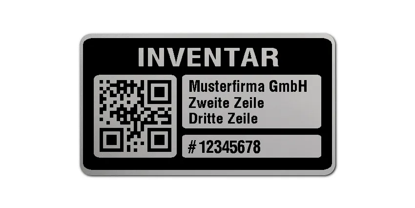 Inventaretiketten Material:Polyester-Folie Silberoptik matt Größe:45x25mm Kopfzeile:"Ihr Wunschtext" Barcode:QR Stellenanzahl:8-stellig Menge:1000