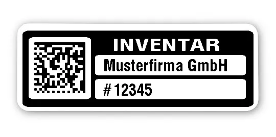 Inventaretiketten Material:Polyethylen-Folie hochglänzend weiß Größe:40x15mm Kopfzeile:"Ihr Wunschtext" Barcode:DataMatrix Stellenanzahl:5-stellig Menge:500