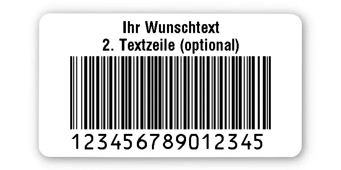 Prüfetiketten Material:Polyethylen-Folie hochglänzend weiß Größe:45x25mm Kopfzeile:"Ihr Wunschtext" Barcode:128B Stellenanzahl:15-stellig Ausführung:1 Etikette pro Nummer Menge:500