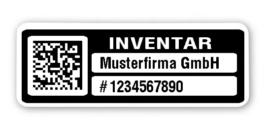 Inventaretiketten Material:Polyethylen-Folie hochglänzend weiß Größe:40x15mm Kopfzeile:"Ihr Wunschtext" Barcode:DataMatrix Stellenanzahl:10-stellig Menge:500