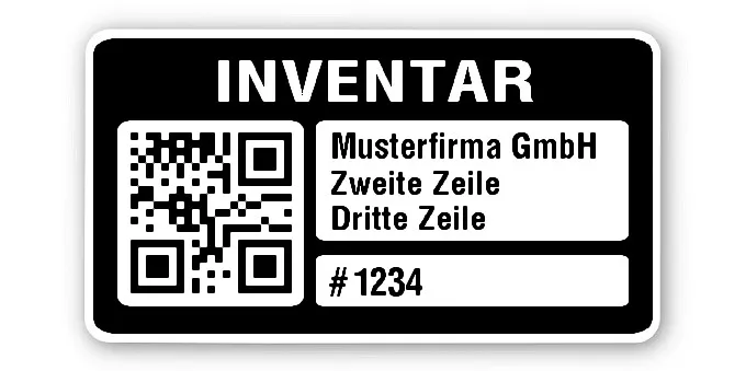 Inventaretiketten Material:Polyethylen-Folie hochglänzend weiß Größe:45x25mm Kopfzeile:"Ihr Wunschtext" Barcode:QR Stellenanzahl:4-stellig Menge:100