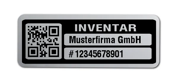 Inventaretiketten Material:Polyester-Folie Silberoptik matt Größe:40x15mm Kopfzeile:"Ihr Wunschtext" Barcode:QR Stellenanzahl:11-stellig Menge:1000