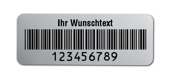Prüfetiketten Material:Polyester-Folie Silberoptik matt Größe:40x15mm Kopfzeile:"Ihr Wunschtext" Barcode:Code 39 ohne Prüfziffer Stellenanzahl:9-stellig Ausführung:1 Etikette pro Nummer Menge:1000