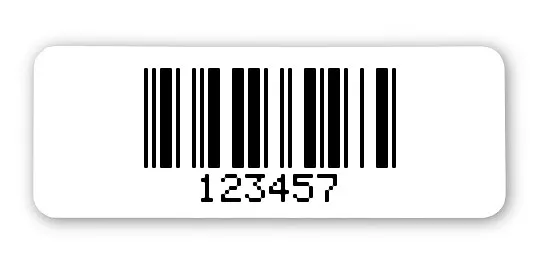 Archivierungsetiketten Material:Polyethylen-Folie hochglänzend weiß Größe:40x15mm Kopfzeile:"ohne" Barcode:2a5 mit Prüfziffer Stellenanzahl:6-stellig Menge:1000