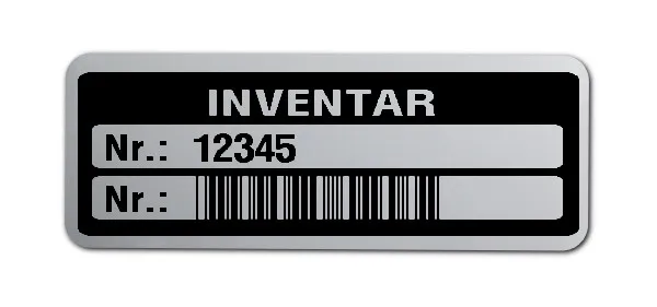 Inventaretiketten Material:Polyester-Folie Silberoptik matt Größe:40x15mm Kopfzeile:"Inventar" Barcode:Code 39 ohne Prüfziffer Stellenanzahl:5-stellig Menge:1000