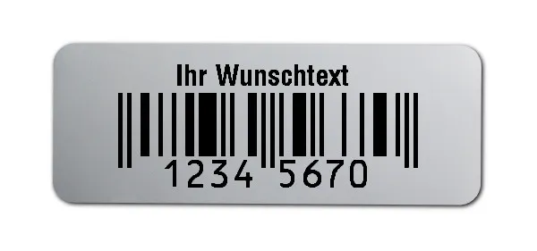 EAN Etiketten Material:Polyester-Folie Silberoptik matt Größe:40x15mm Produkt:EAN Etiketten Vorgabeliste:Mit Vorgabeliste Größe:40x15mm Barcode:EAN 8 Stellenanzahl:8-stellig Ausführung:1 Etikette pro Nummer Menge:500