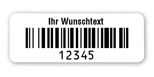 Prüfetiketten Material:Polyethylen-Folie hochglänzend weiß Größe:40x15mm Kopfzeile:"Ihr Wunschtext" Barcode:128B Stellenanzahl:5-stellig Ausführung:1 Etikette pro Nummer Menge:1000