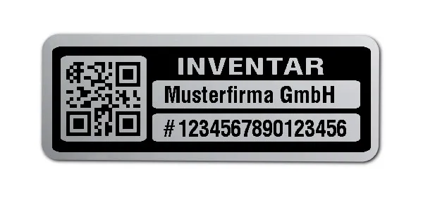 Inventaretiketten Material:Polyester-Folie Silberoptik matt Größe:40x15mm Kopfzeile:"Ihr Wunschtext" Barcode:QR Stellenanzahl:16-stellig Menge:500