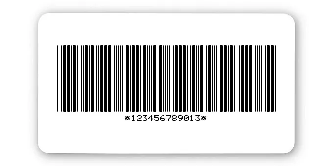 Universaletiketten Material:Polyethylen-Folie hochglänzend weiß Größe:45x25mm Kopfzeile:"ohne" Barcode:Code 39 mit Prüfziffer Stellenanzahl:12-stellig Ausführung:1 Etikette pro Nummer Menge:500