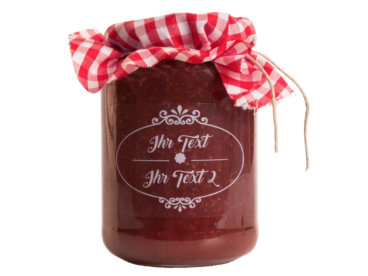 Anwendung: Marmelade Etiketten Material:Schutzetikett & weiß Größe:76x51mm Kopfzeile:"Ihr Wunschtext" Schriftart:St. Petersburg Stellenanzahl:ohne Menge:10