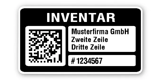 Inventaretiketten Material:Polyethylen-Folie hochglänzend weiß Größe:45x25mm Kopfzeile:"Ihr Wunschtext" Barcode:DataMatrix Stellenanzahl:7-stellig Menge:100