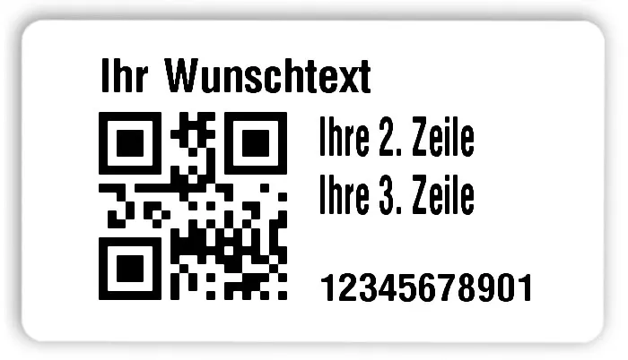 Universaletiketten Material:Folie hochglänzend weiß Größe:54x30mm Kopfzeile:"Ihr Wunschtext" Barcode:QR Stellenanzahl:11-stellig Ausführung:3 Etiketten pro Nummer Menge:300