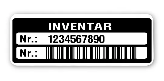 Inventaretiketten Material:Polyethylen-Folie hochglänzend weiß Größe:40x15mm Kopfzeile:"Inventar" Barcode:2a5 interleaved Stellenanzahl:10-stellig Menge:100