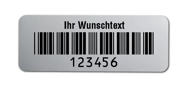 Prüfetiketten Material:Polyester-Folie Silberoptik matt Größe:40x15mm Kopfzeile:"Ihr Wunschtext" Barcode:Code 39 ohne Prüfziffer Stellenanzahl:6-stellig Ausführung:1 Etikette pro Nummer Menge:500