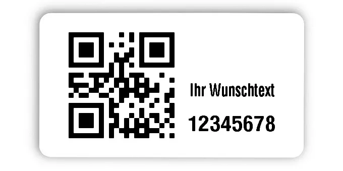 Inventaretiketten Universal Material:Polyethylen-Folie hochglänzend weiß Größe:45x25mm Kopfzeile:"Ihr Wunschtext" Barcode:QR Stellenanzahl:8-stellig Menge:500