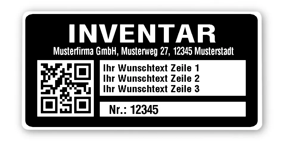 Inventaretiketten Material:Polyethylen-Folie hochglänzend weiß Größe:68x34mm Kopfzeile:"Ihr Wunschtext" Barcode:QR Stellenanzahl:5-stellig Menge:1000