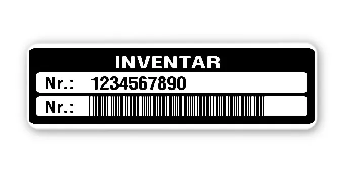 Inventaretiketten Material:Polyethylen-Folie hochglänzend weiß Größe:50x15mm Kopfzeile:"Inventar" Barcode:Code 39 ohne Prüfziffer Stellenanzahl:10-stellig Menge:1000