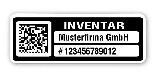 Inventaretiketten Material:Polyethylen-Folie hochglänzend weiß Größe:40x15mm Kopfzeile:"Ihr Wunschtext" Barcode:DataMatrix Stellenanzahl:12-stellig Menge:500