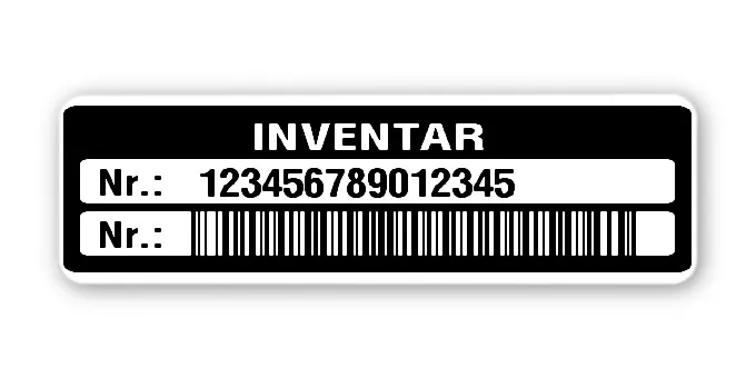 Inventaretiketten Material:Polyethylen-Folie hochglänzend weiß Größe:50x15mm Kopfzeile:"Inventar" Barcode:128B Stellenanzahl:15-stellig Menge:100