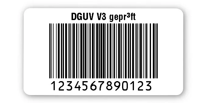 Prüfetiketten Material:Polyethylen-Folie hochglänzend weiß Größe:45x25mm Kopfzeile:"DGUV V3 geprüft" Barcode:128B Stellenanzahl:13-stellig Ausführung:1 Etikette pro Nummer Menge:1000