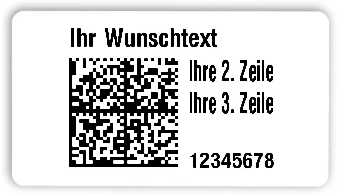 Universaletiketten Material:Folie hochglänzend weiß Größe:54x30mm Kopfzeile:"Ihr Wunschtext" Barcode:DataMatrix Stellenanzahl:8-stellig Ausführung:3 Etiketten pro Nummer Menge:300