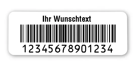 Prüfetiketten Material:Polyethylen-Folie hochglänzend weiß Größe:40x15mm Kopfzeile:"Ihr Wunschtext" Barcode:128B Stellenanzahl:14-stellig Ausführung:1 Etikette pro Nummer Menge:1000