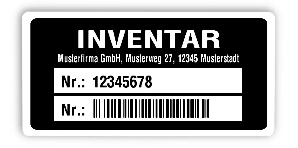 Inventaretiketten Material:Polyethylen-Folie hochglänzend weiß Größe:68x34mm Kopfzeile:"Ihr Wunschtext" Barcode:128B Stellenanzahl:8-stellig Ausführung:1 Etikette pro Nummer Menge:1000