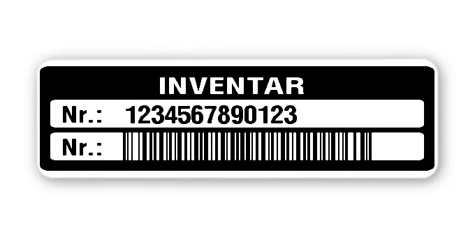 Inventaretiketten Material:Polyethylen-Folie hochglänzend weiß Größe:50x15mm Kopfzeile:"Inventar" Barcode:128B Stellenanzahl:13-stellig Menge:100