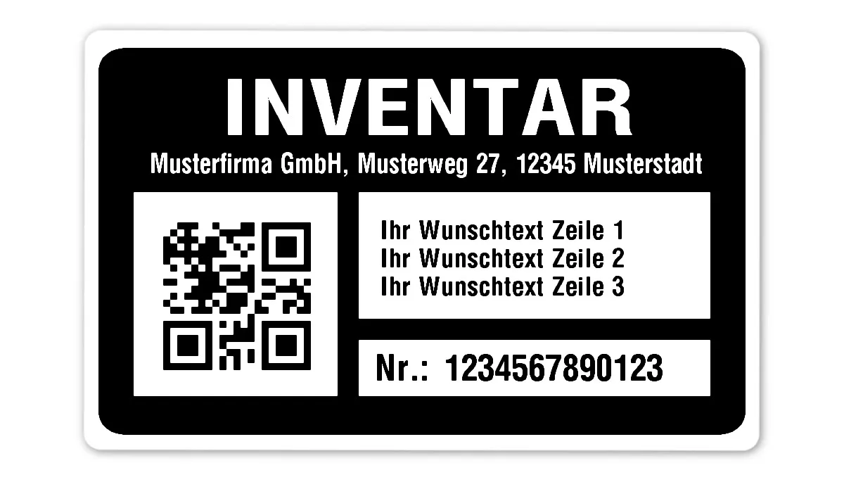 Inventaretiketten Material:Polyethylen-Folie hochglänzend weiß Größe:80x50mm Kopfzeile:"Ihr Wunschtext" Barcode:QR Stellenanzahl:13-stellig Menge:1000