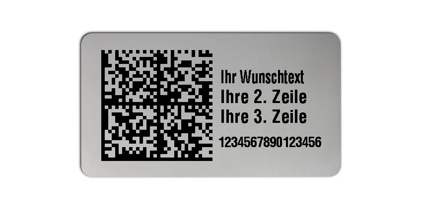 Universaletiketten Material:Folie silber matt Größe:45x25mm Kopfzeile:"Ihr Wunschtext" Barcode:DataMatrix Stellenanzahl:16-stellig Ausführung:3 Etiketten pro Nummer Menge:300