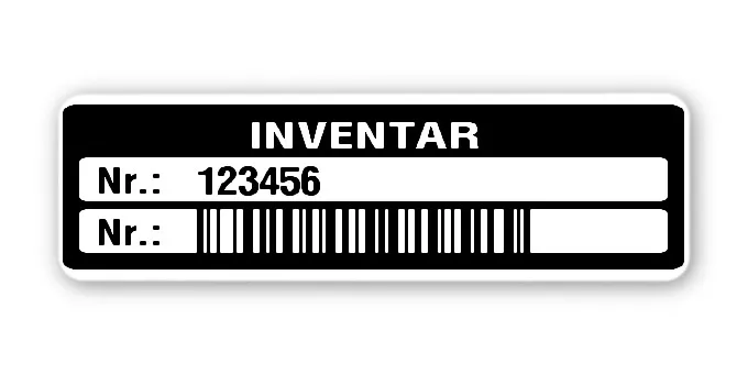 Inventaretiketten Material:Polyethylen-Folie hochglänzend weiß Größe:50x15mm Kopfzeile:"Inventar" Barcode:128B Stellenanzahl:6-stellig Menge:500