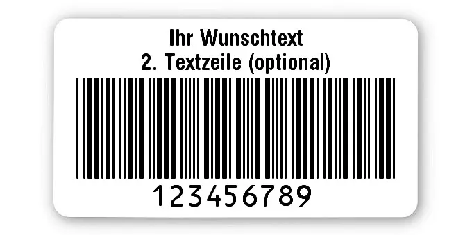 Prüfetiketten Material:Polyethylen-Folie hochglänzend weiß Größe:45x25mm Kopfzeile:"Ihr Wunschtext" Barcode:Code 39 ohne Prüfziffer Stellenanzahl:9-stellig Ausführung:1 Etikette pro Nummer Menge:1000