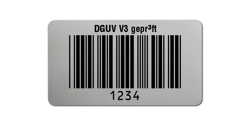 Prüfetiketten Material:Polyester-Folie Silberoptik matt Größe:45x25mm Kopfzeile:"DGUV V3 geprüft" Barcode:Code 39 ohne Prüfziffer Stellenanzahl:4-stellig Ausführung:1 Etikette pro Nummer Menge:500