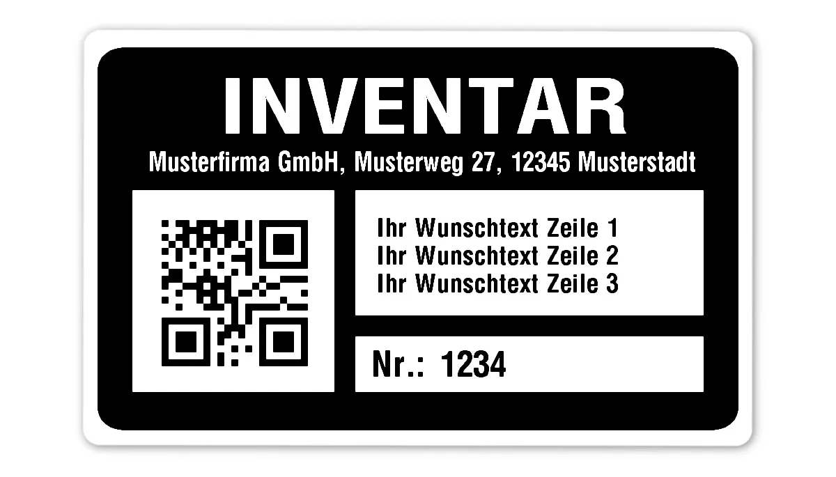 Inventaretiketten Material:Polyethylen-Folie hochglänzend weiß Größe:80x50mm Kopfzeile:"Ihr Wunschtext" Barcode:QR Stellenanzahl:4-stellig Menge:500