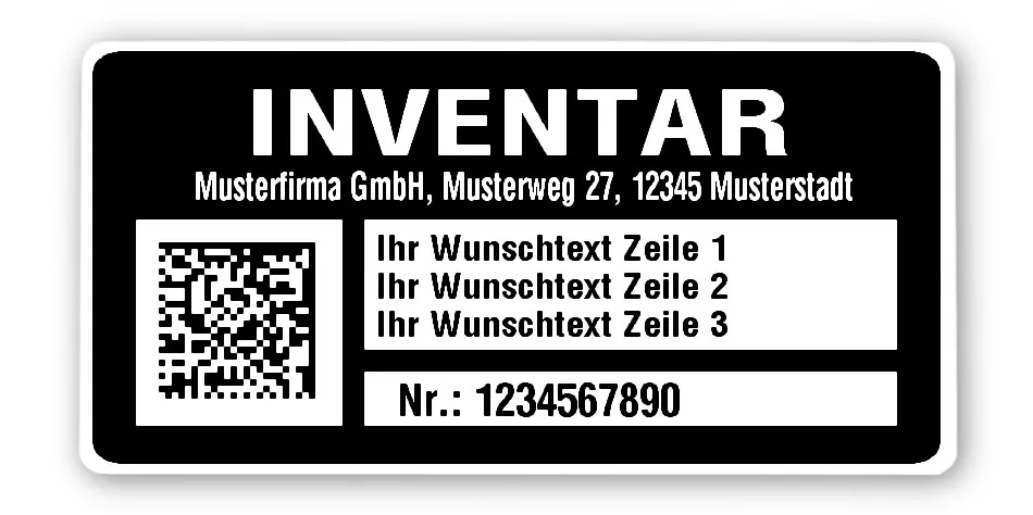 Inventaretiketten Material:Polyethylen-Folie hochglänzend weiß Größe:68x34mm Kopfzeile:"Ihr Wunschtext" Barcode:DataMatrix Stellenanzahl:10-stellig Menge:1000